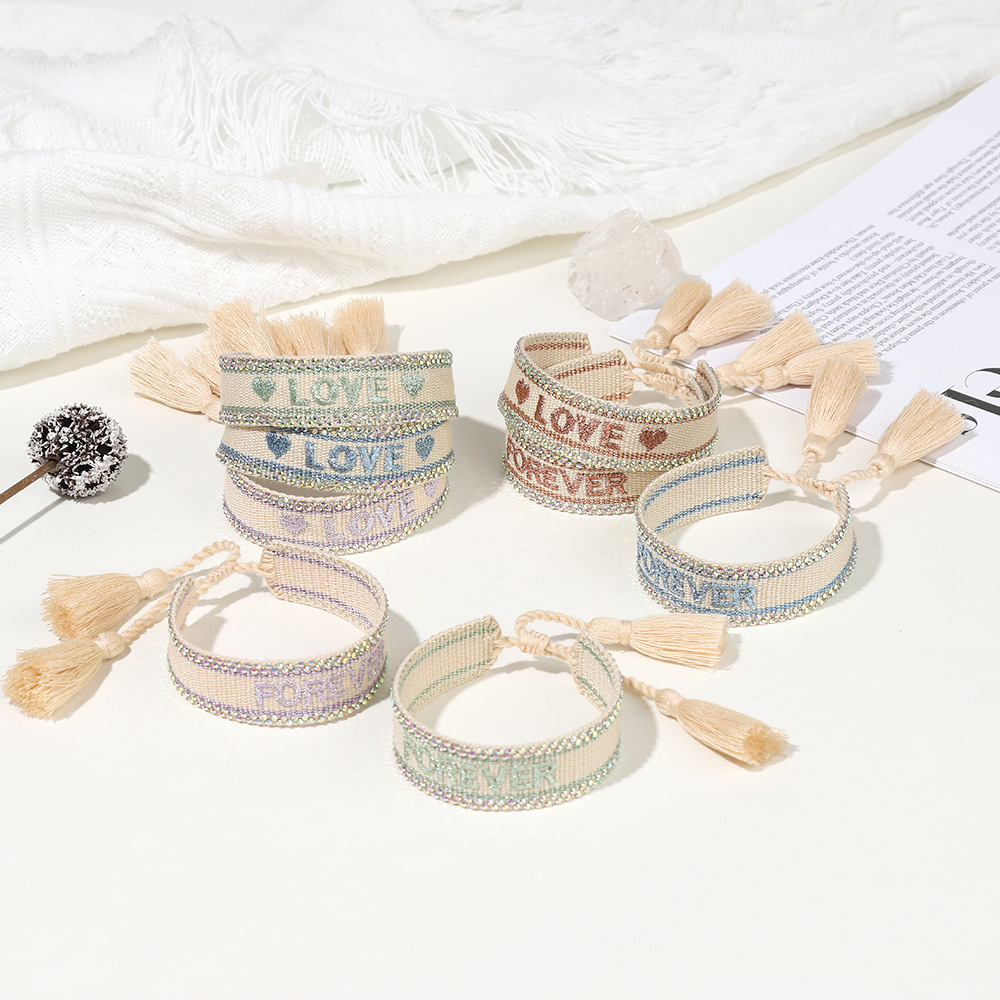 Handmade Rhinestone Braided Bracelet Embroidered Letter Couple Friendship Fringe Wristband Jewelry
