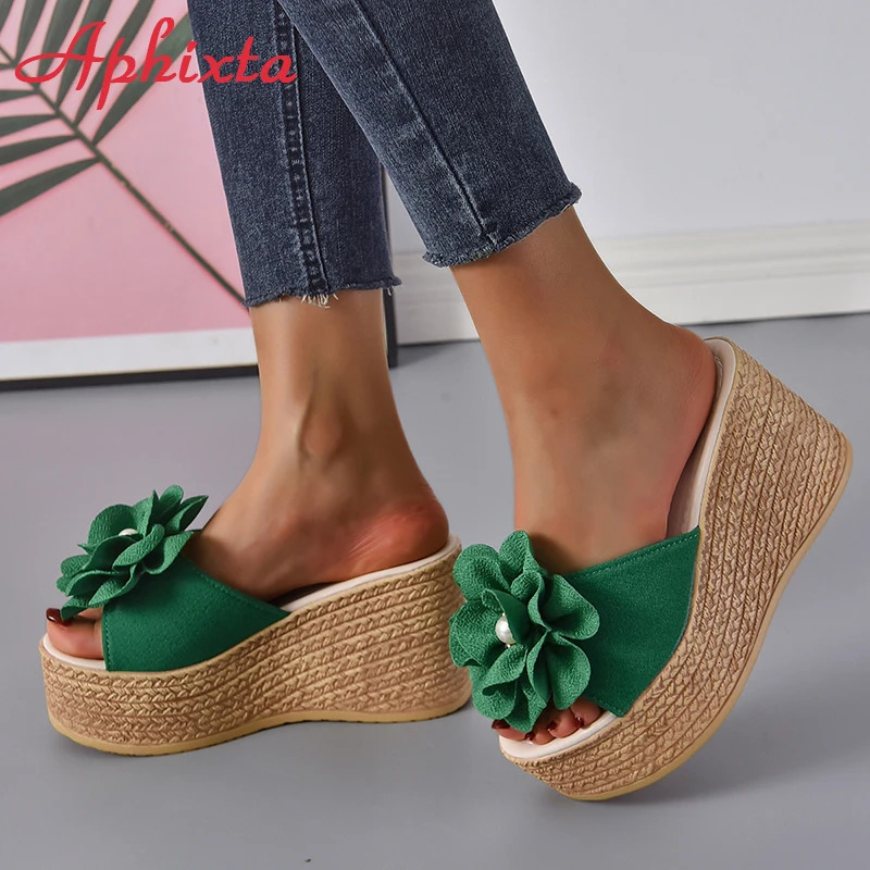 Aphixta Summer 9cm Wedge Heels Slippers Women Big Pearl Bead Flowers Cow Suede Bow Mulers 4cm Platform Sandals Clog Shoes Slides 250603