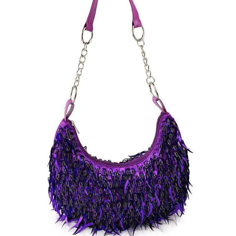 Woman Stylish Elegant Sequin Glitter Underarm Designer Multifunctional Lace Trim Tassel Fabric Ribbon Travel Bag Party Weddi