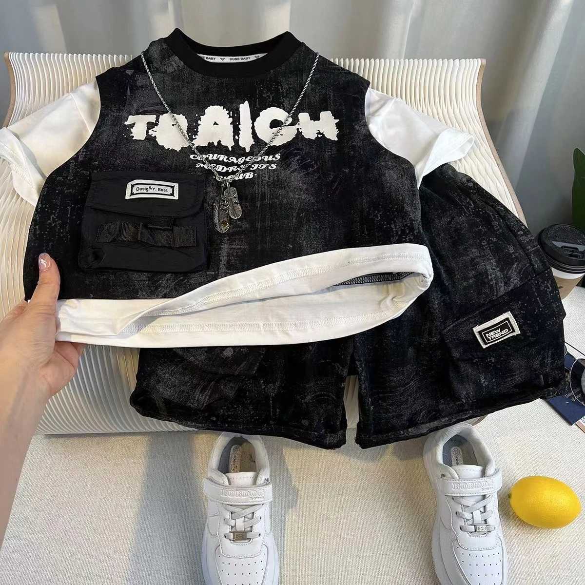 Baby Boys Summer Clothes Fashion Letter Short Sleeve ket T-Shirt+Pants 2pcs Korean Kid Tide Sport Set Children Casual Outfits R250606