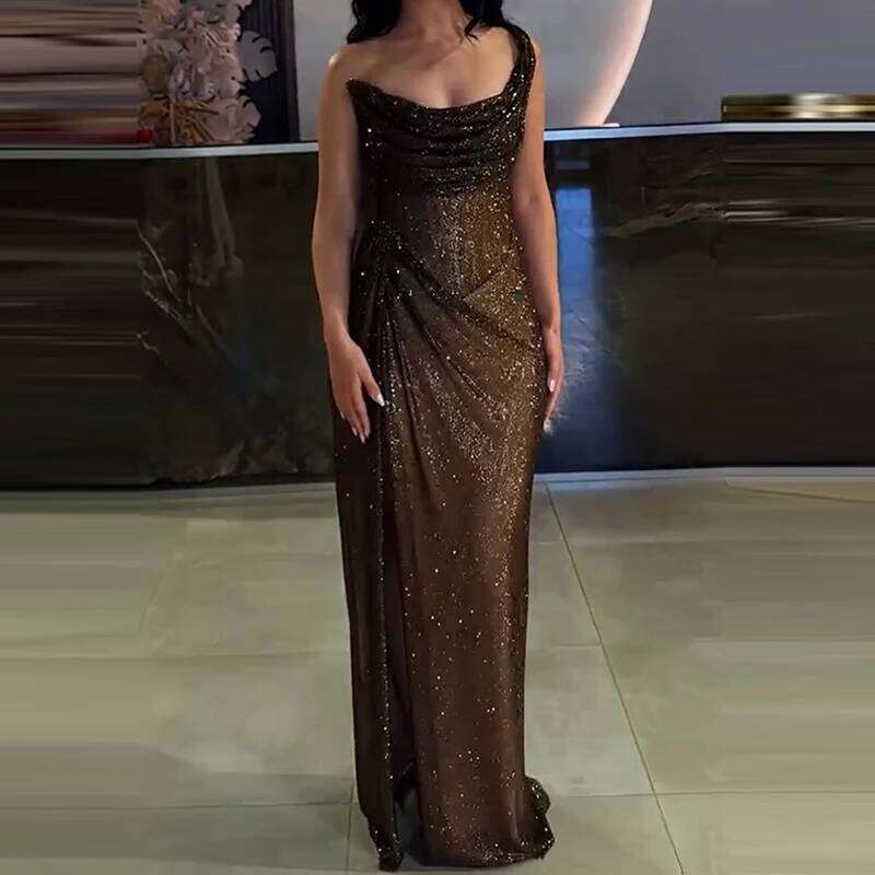 Casual Club Party Sequin Long Fashion Asymmetric Slim Off Shoulder Ladies Sexy Sleeveless Hollow Out Tail Dress