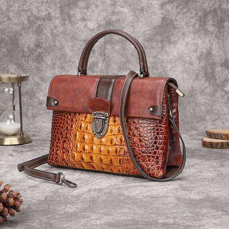 OLOEY Retro Crocodile Pattern Handbags 2025 New Genuine Cowhide Leather Handmade Eming Shoulder & Crossbody Women Bag