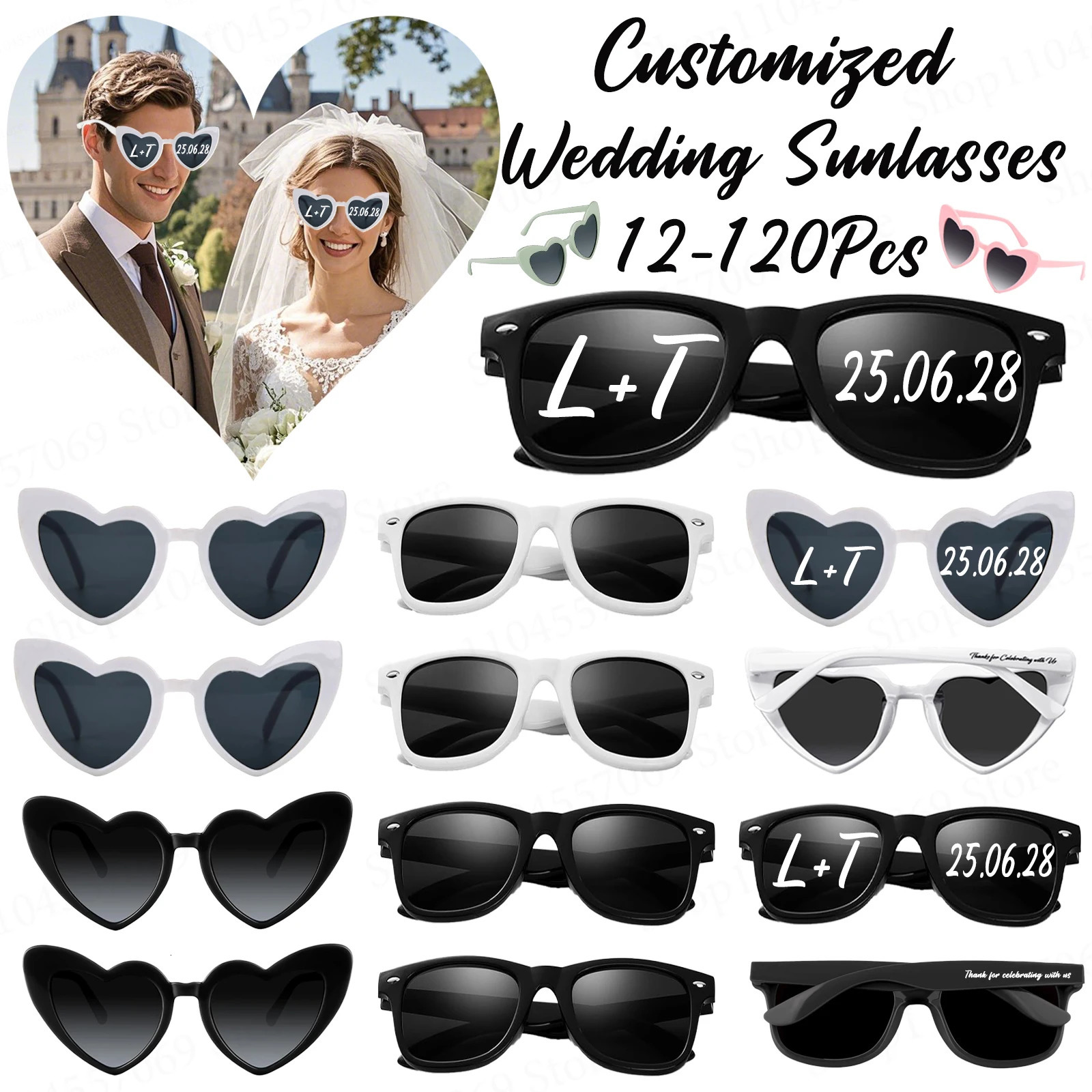 12-120Pcs Custom Wedding Sunglasses Personalized Heart Sunglasses Wedding Party Favors for Guests Date Initials Custom Text 250530