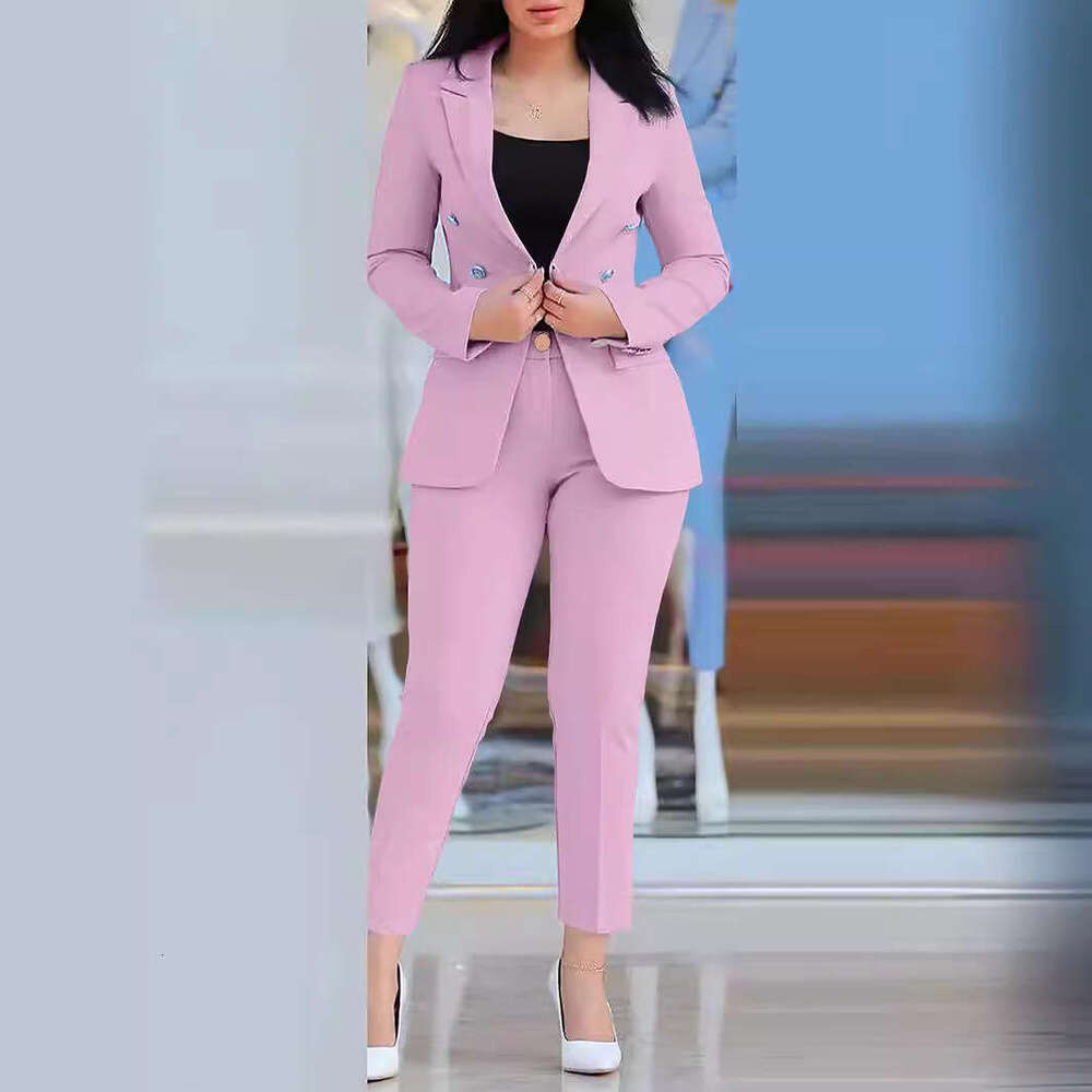 Women's Solid Color Slim Fit Casual Fashion Waist-Cinching Double-Breasted Two-Piece Suit Set B5