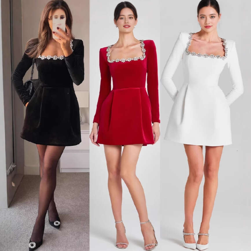 Women's Autumn Winter New Rhinestone Embellished Long Sleeve French Waist-Cinching Elegant Velvet Mini Dress B5