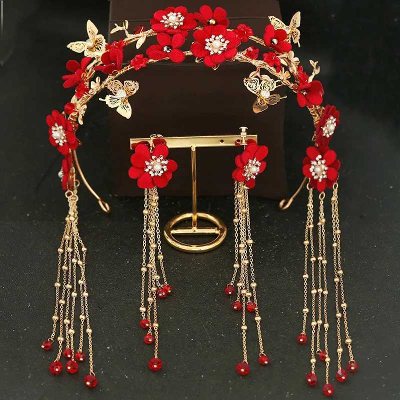 Chinese Women Red Flower Bridal Headpieces Wedding Headbands With Long Tassel Accessories For Brides Tiaras Crowns Headbands Z250605