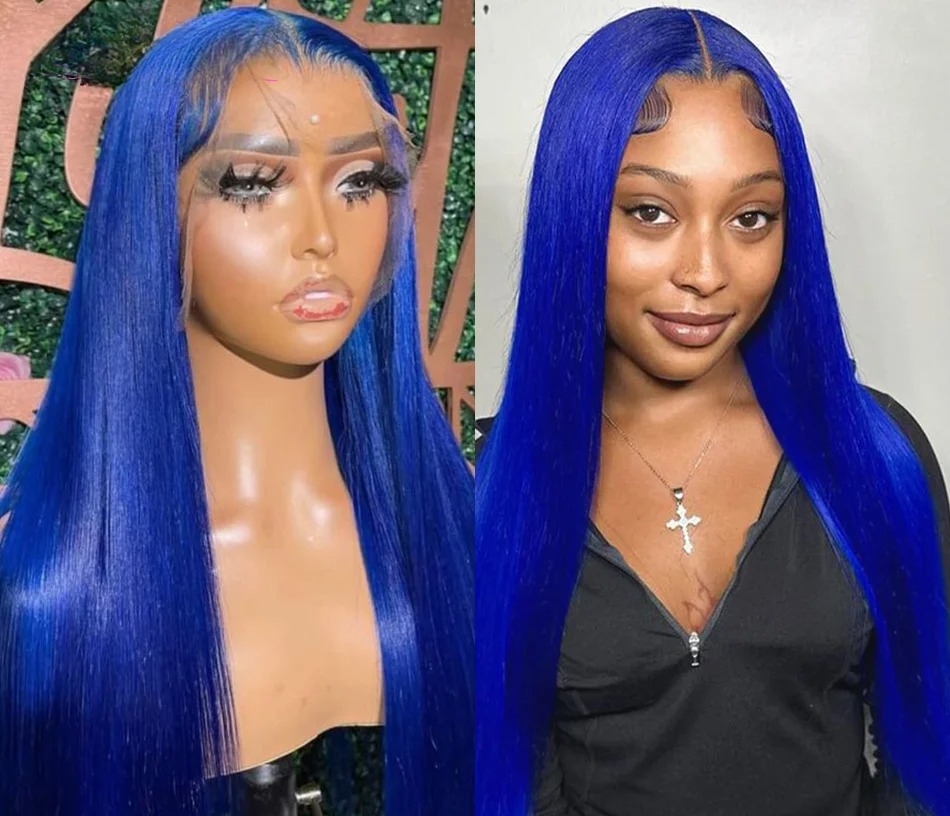 Straight Blue 13x4 Human Hair Lace Frontal Wigs Blue Transparent Lace Front Wigs For Women Brazilian Pre Plucked Hair Wigs Synthetic