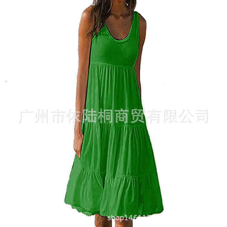 New Women's Fashion 7 Colors 8 Sizes Sleeveless Round Neck Patchwork Flared Beach Dress B5