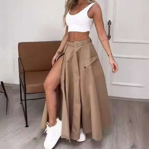 Women's Elegant Sleeveless Vest And Solid Color Slit Belted Skirt Two-Piece Set B5