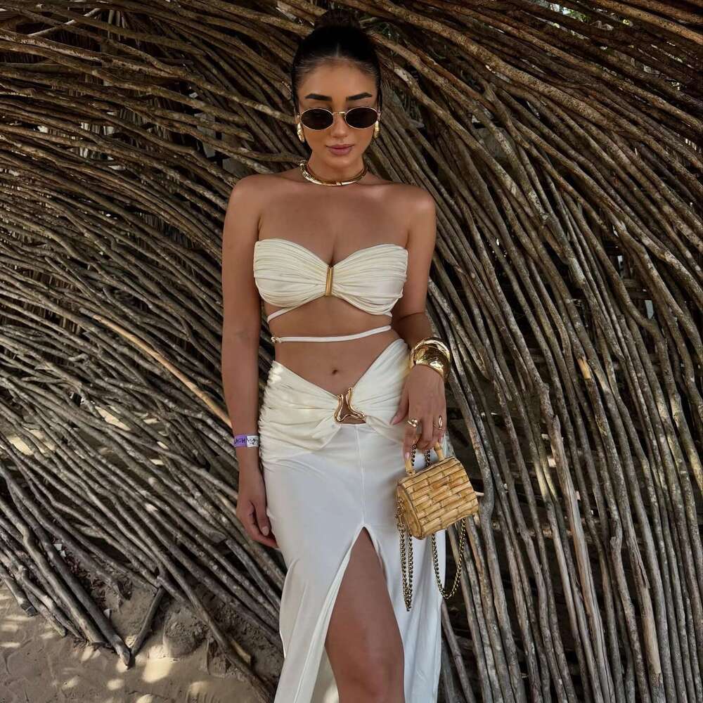 3Pcs Crochet Bikini With Long Skirt Sexy Swimsuit Women Swimwear Female Bandage Biquini White Swimming Suit Bodysuit Beachwear