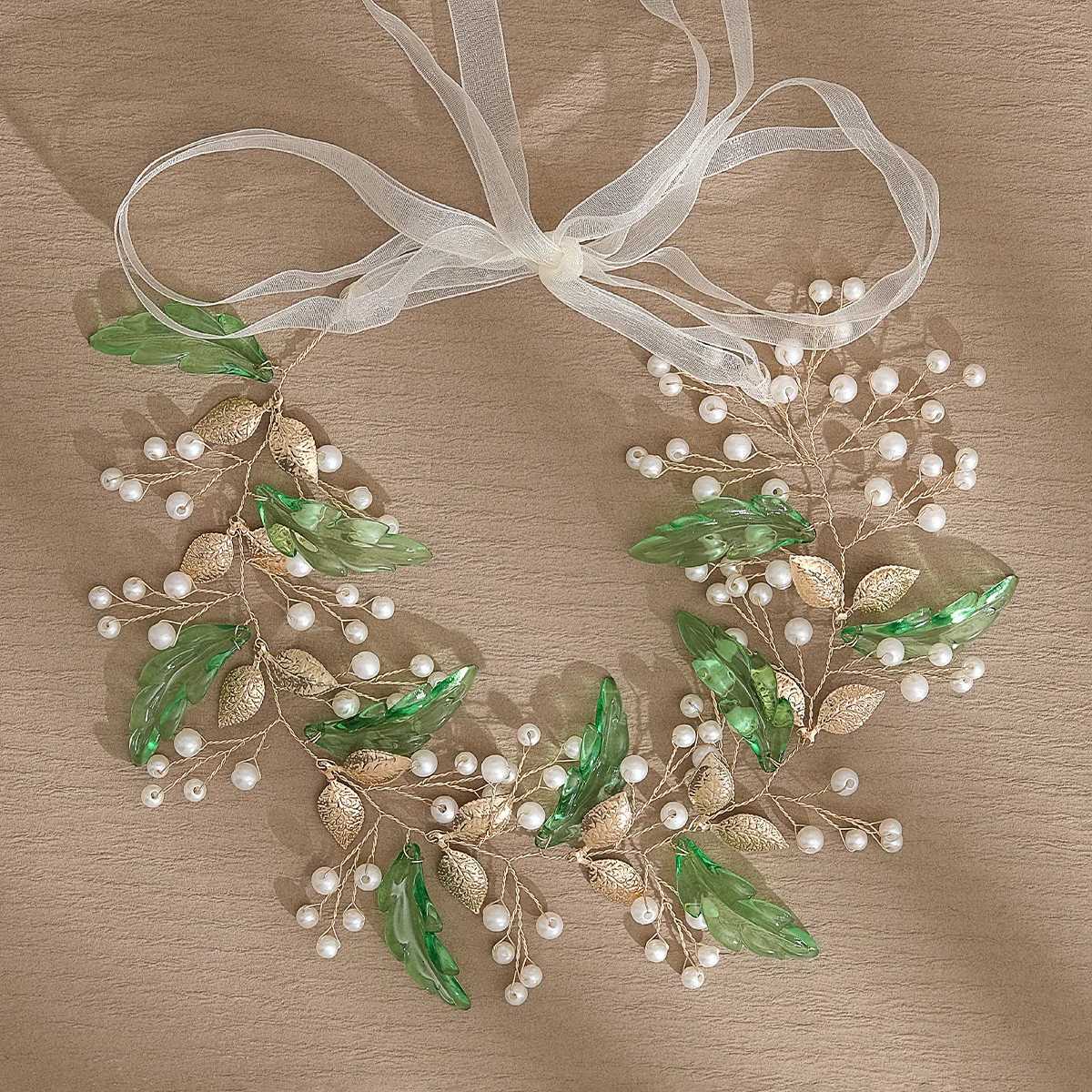 Wedding Headbands Green Leaves Hairband for Bride Hair Accessories Artificial Pearl Headdress for Women Girls Party Hair Jewelry Z250605