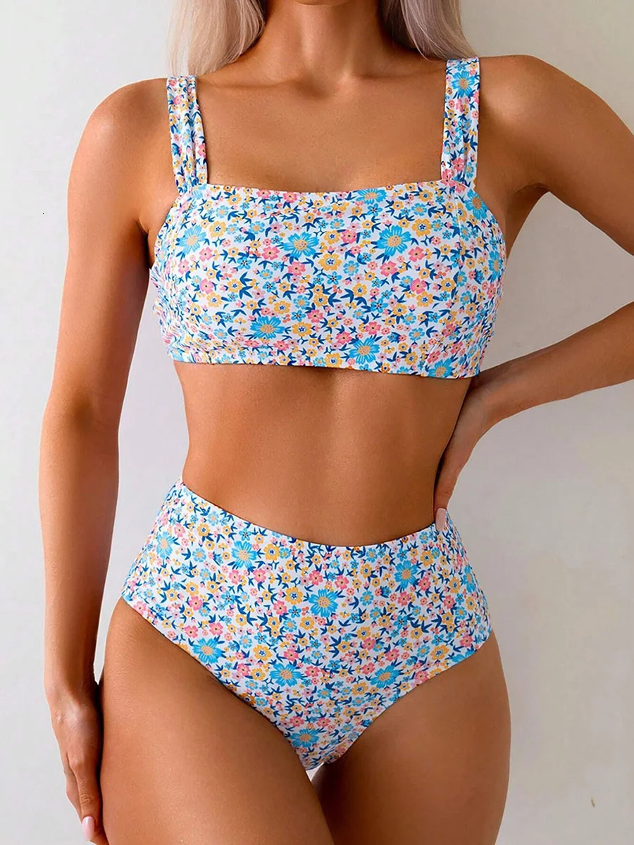 Sexy Floral Print Female Swimsuit Bikini 2025 Swimwear High Waisted Bikinis Sets Two Pieces Bandeau Bathing Suit Beahwear 250530