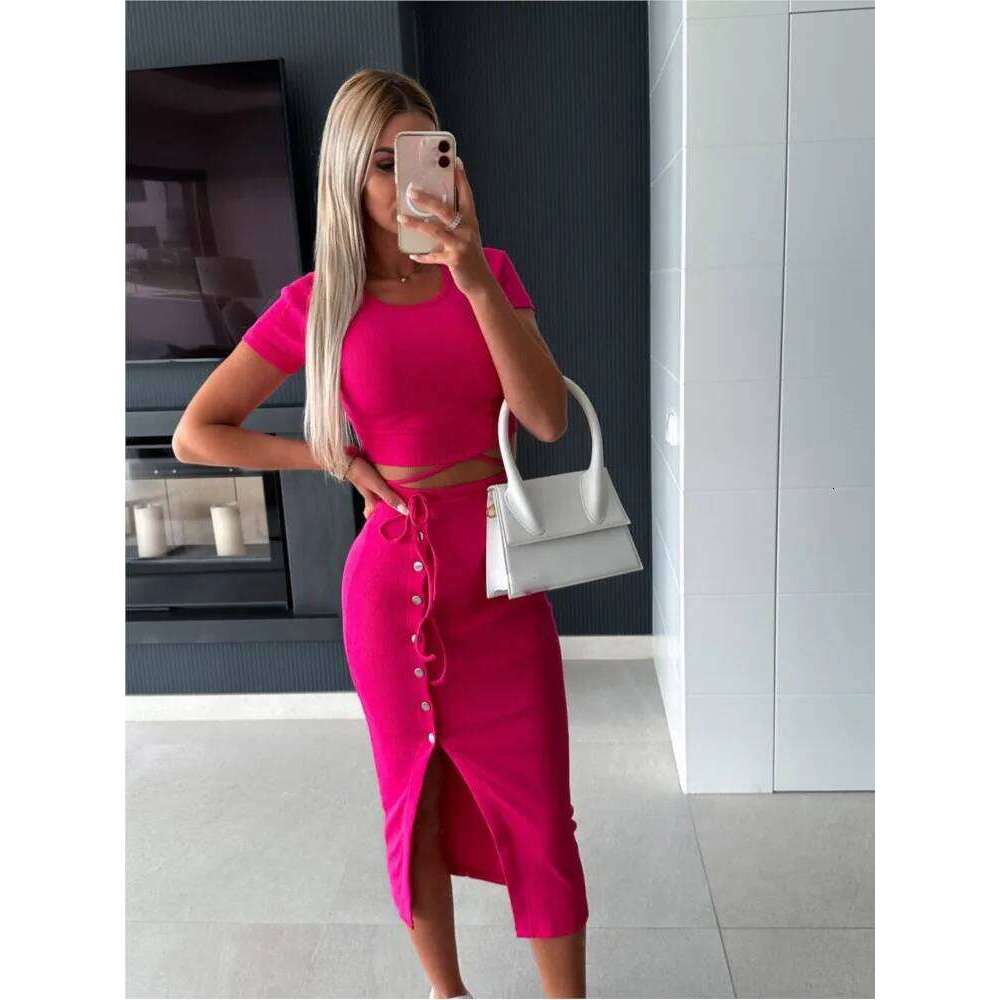 Summer Suit New Solid Color Short-sleeved Round Neck Top Button Exposed Navel Hip Mid-length Skirt Casual Two-piece Set Y2k