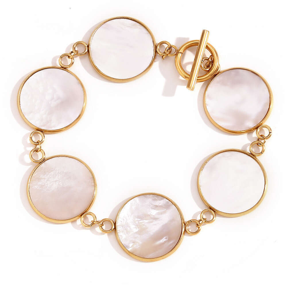 Fashion Niche Versatile Elegant Style Stainless Steel Gold-Plated OT Buckle Natural Mother-of-Pearl Round Bracelet