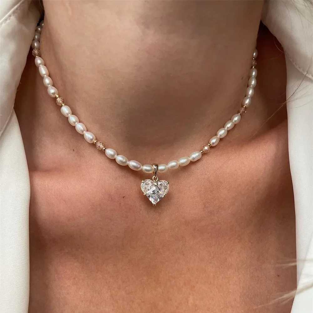 Boho Vintage Transparent Heart-shaped Crystal Pendant Necklace For Women Female Fashion Artificial Pearl Chain Choker Jewelry Y250605