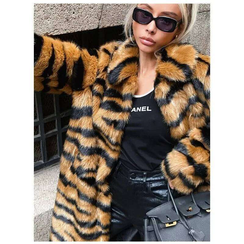 Winter Womens Long Tiger Fur Elegant Thicken Warm Coat Parka Down Jacket Overcoat Y2K Chic Clothes