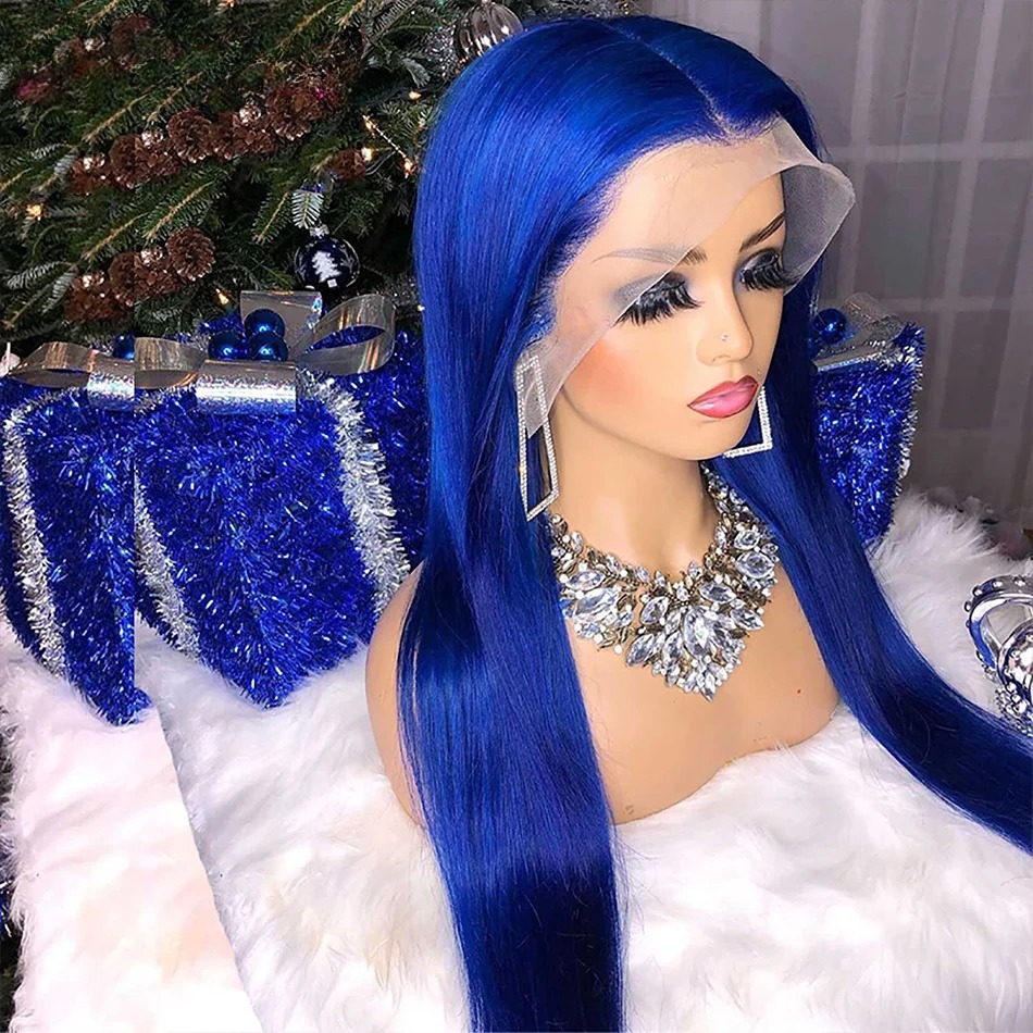 Straight Blue 13x4 Human Hair Lace Frontal Wigs Blue Transparent Lace Front Wigs For Women Brazilian Pre Plucked Hair Wigs Synthetic