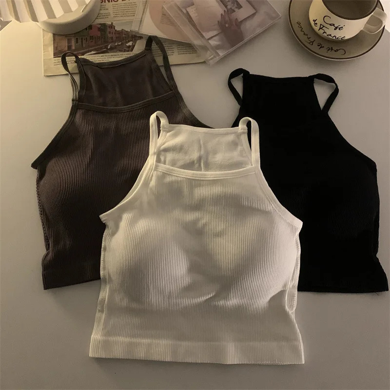 Korean Version Women Tank Tops Thread Solid Casual Fashion Crop Top with Chest Pad Stripe Sleeveless Outer Wear Basic Camisole 250527