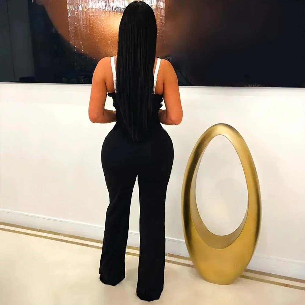 CM.YAYA Women V-Neck Backless Wide Leg Straight Sleeveless Jumpsuits 2025 Spring Patchwork Sexy One Piece Set Streetwear Outfits 250605