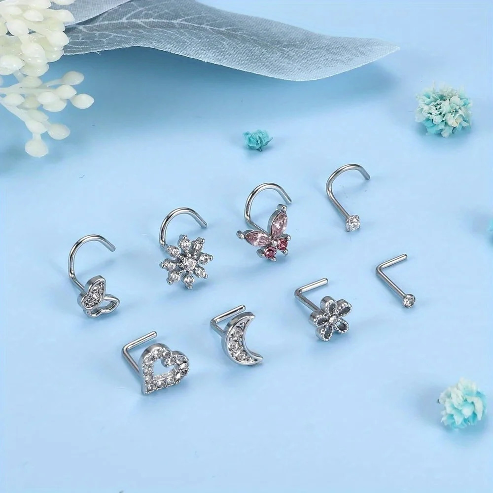 Drperfect Nose Rings for Women Steel Nose Studs Hoop Corkscrew L Shaped Nose Stud Ring Piercing Jewelry 250605