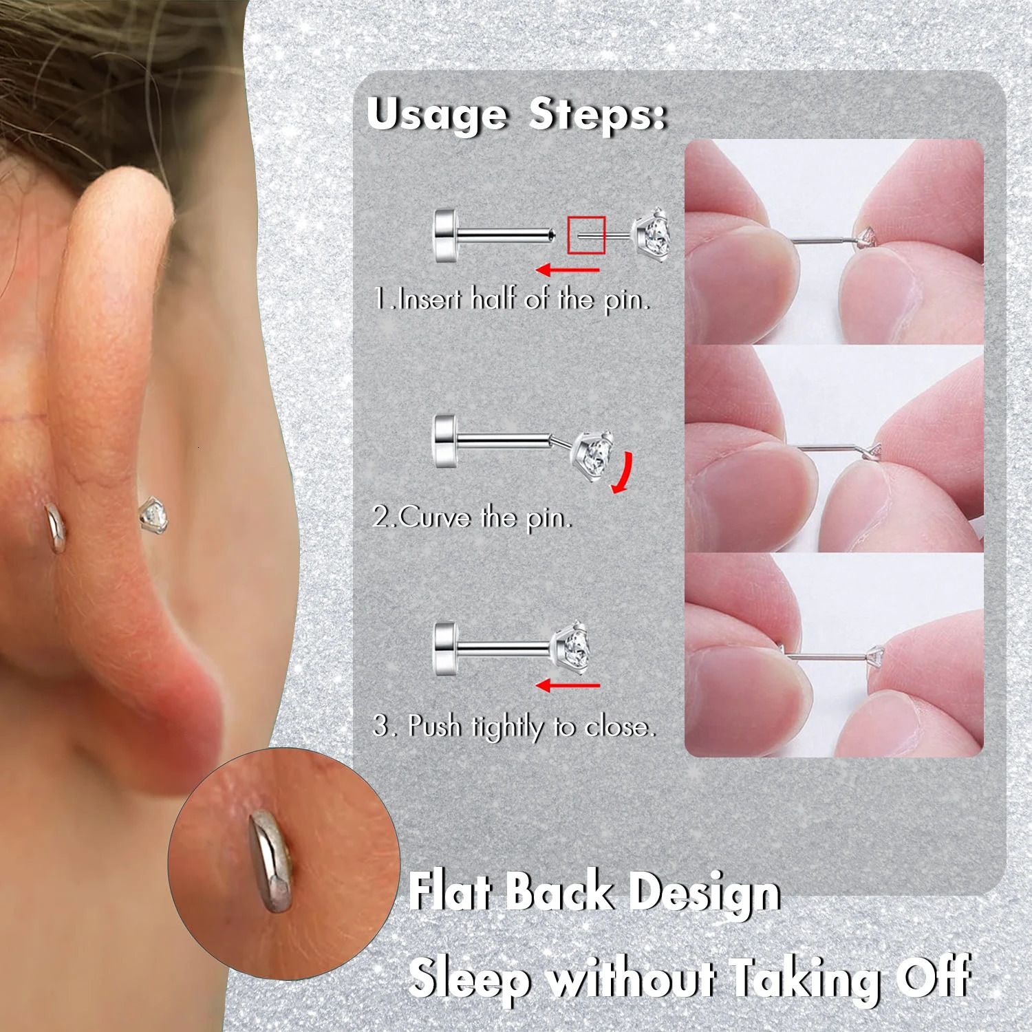 5Pcs Earrings Nose Studs Labret Push in Pin Threadless Flat Back Piercing Jewelry for Ear Nose Lip with 1.5/2/2.5/3/4MM CZ 250605