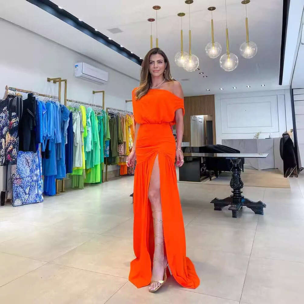 Summer Women's Fashion Sexy Asymmetric Neck Off-Shoulder Waist-Cinching Slit Floor-Length Vacation Style Solid Color Dress B5