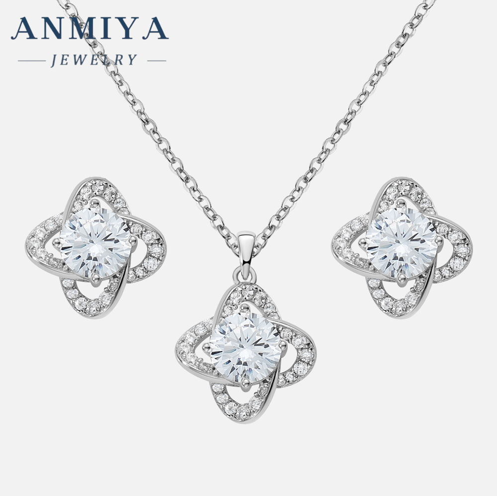 New Style Unique Four Leaf Clover Shine S925 Silver Rhodium Plated Necklace Earrings Set Jewelry for Ladies Women