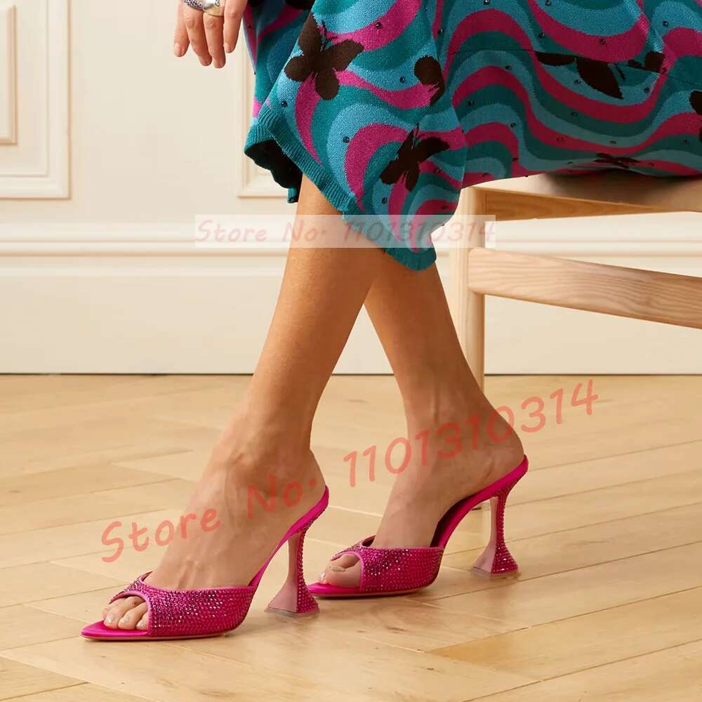 Rhinestones Square Toe Satin Slippers Women Elegant Wine-glass High Heels Shoes Ladies Spakling Evening Stiletto Mules