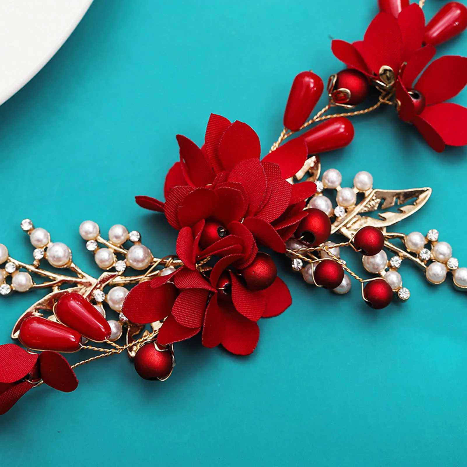 Wedding Headbands Red Flower Hairbands Gold Color Metal Headdress for Bride Hair Jewelry Accessory Chinese Fashion Headwear Z250605