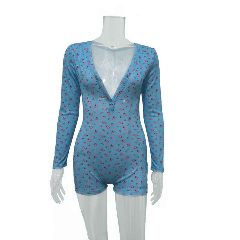 Women's Summer New Fashion Floral Print Long Sleeve Casual Versatile Short Jumpsuit B5