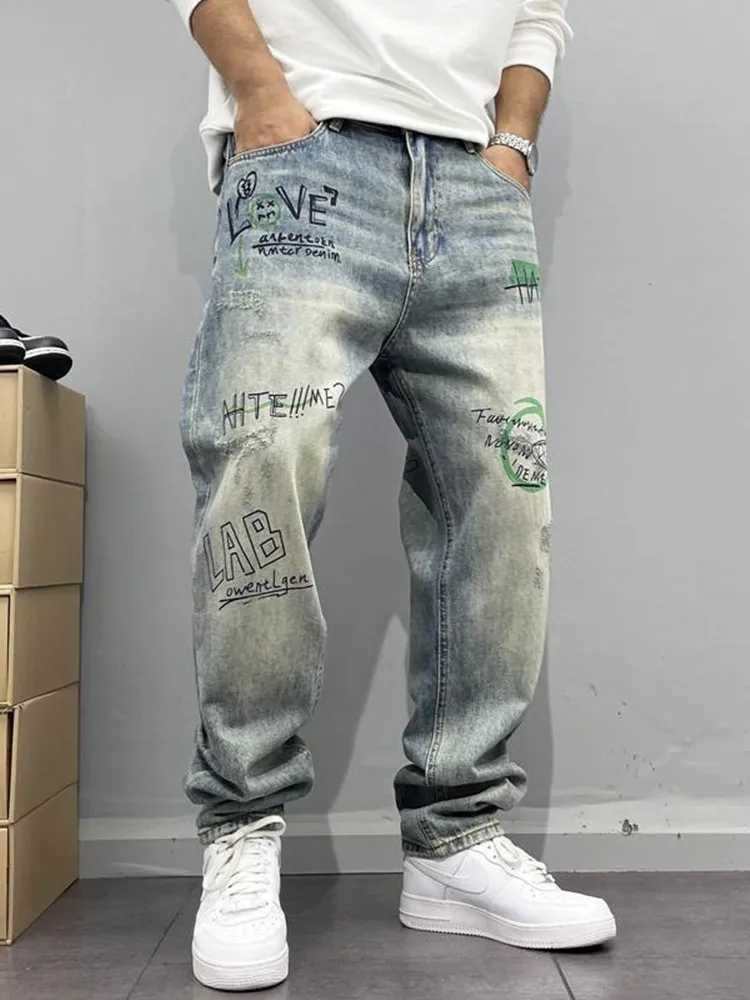 Spring and Autumn New Fashion Trend Printed Straight Leg Vintage Denim Pants Mens Casual Loose Sports Pants 28-36 Z250605