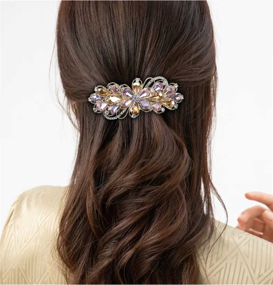 Korean Retro Crystal Flower Spring Hair Clip Vintage Rhinestone Horizontal Clip Top Clip Elegant Mom Fashion Hair Accessories Z250605
