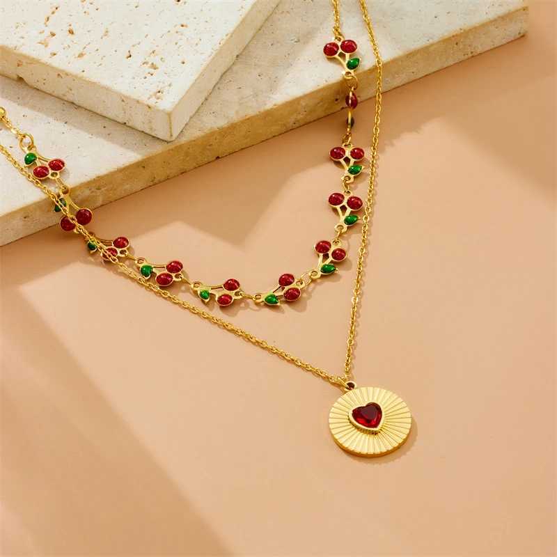 DIEYURO 316L Stainless Steel Cherry Circular Inlaid Red Heart Zircon Double-layer Necklace Womens Trend Neck Chain Jewelry Gift Y250605