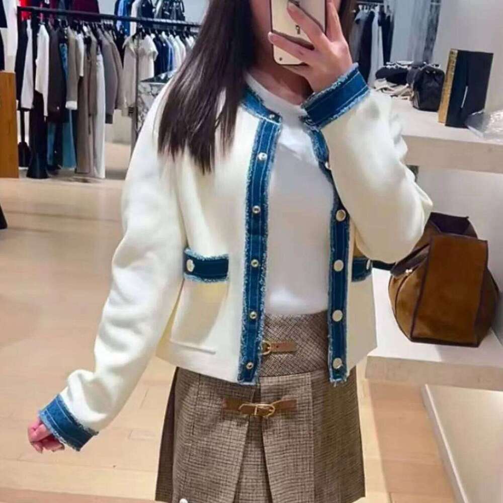 Cardigan 2025 new fashionable and elegant design sense denim splicing round neck long-sleeved knit sweater top woman