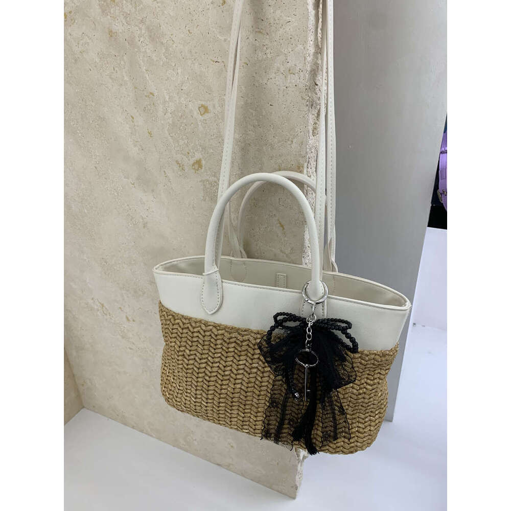 Spring Summer New Straw Tote Patchwork Color Block Handbag Shoulder Pastoral Style Woven Vacation Bag