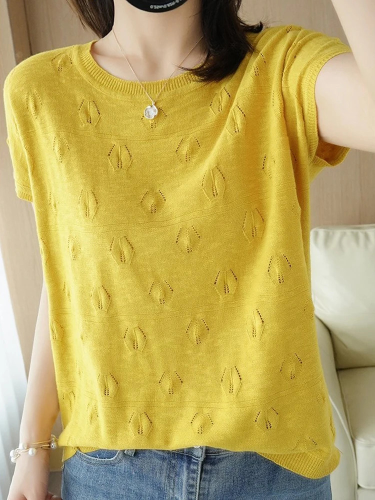 Summer Short Sleeve Women knitted Thin Sweater Female Hollow Out Oneck Pullover Top Ladies Solid Loose Casual Jumpers 250530