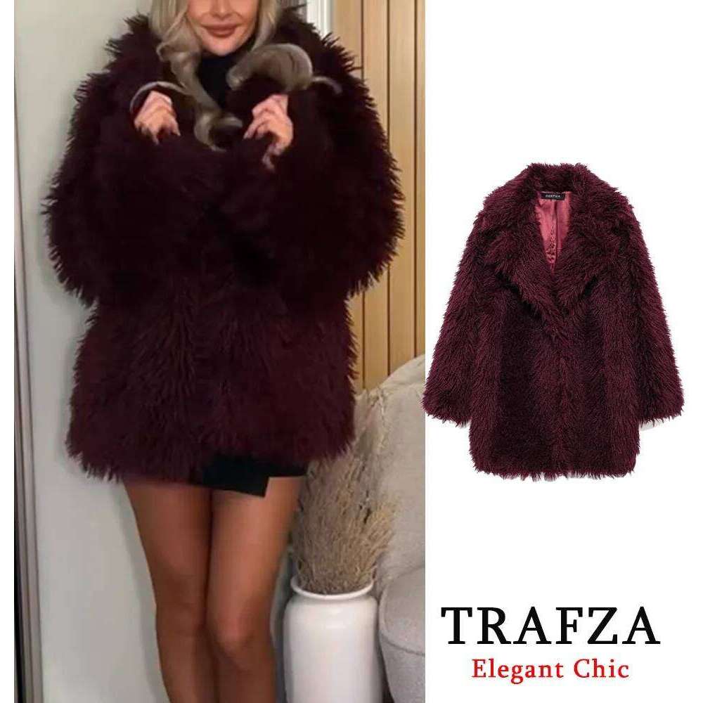 TRAFZA-Women Stylish Fur-Effect Lapel Shaggy Faux Fur Bury New 2025 Fall Winter Fashion Elegant Vintage Coat