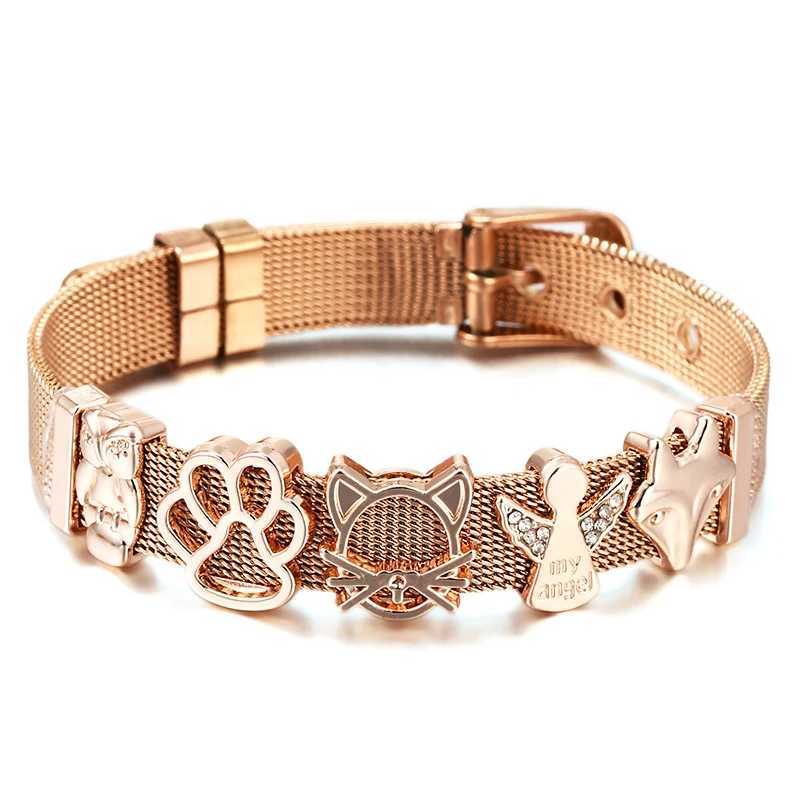 Stainless Steel Watch Belt Mesh Bracelet Micro Pave CZ Crystal Fairy Fox Charm Bracelet For Women Men Party Wedding Jewelry Gift W250606