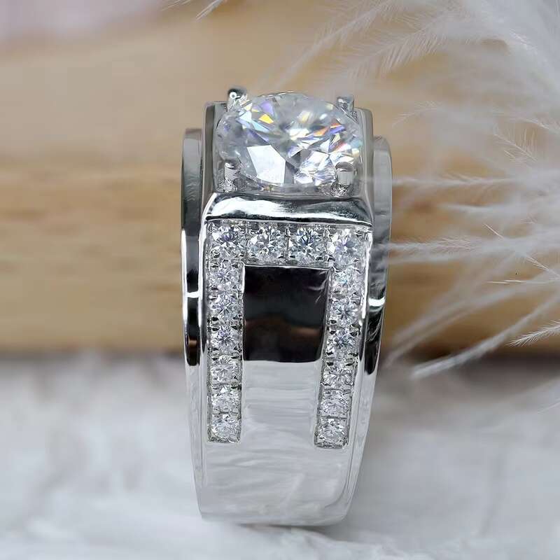 Men Rings Sterling Silver925 2ct DE VVS1 Round Brilliant Cut Moissanite Diamond Engagement Wedding Ring
