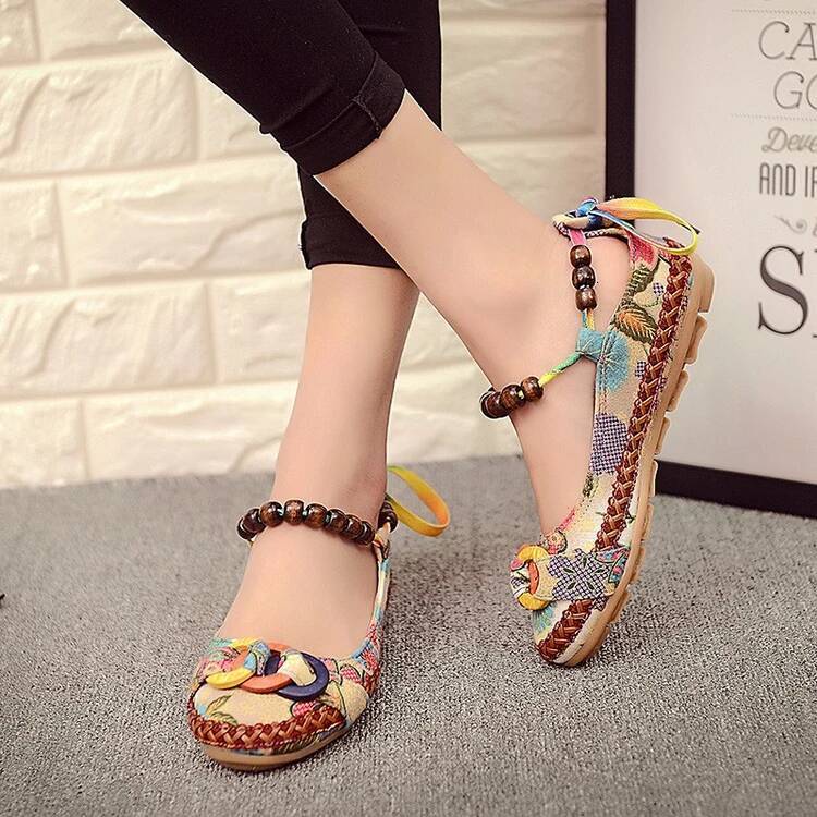 Ddmyoutdoor Plus Size Casual Flat Women Flats Handmade Beaded Ankle Straps Loafers Zapatos Mujer Retro Ethnic Embroidered Shoes Outdoor Shoes