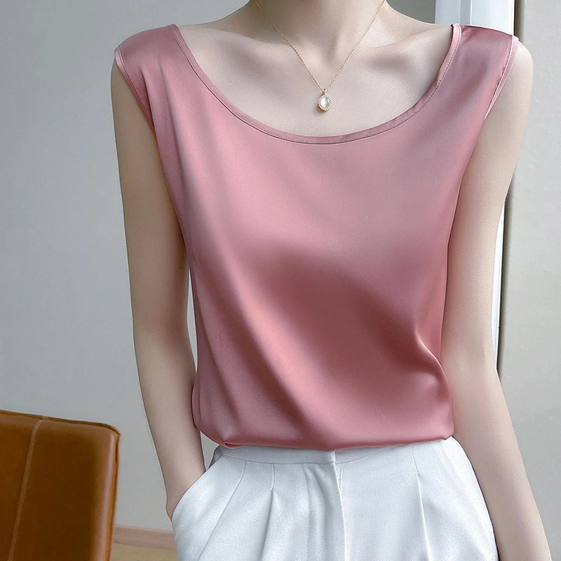 Summer Silk Camis Womens T Shirts Sleeveless Vest Satin Tank Tops Office Elegant Fashion O Neck Champagne BlouseTop Women 250605