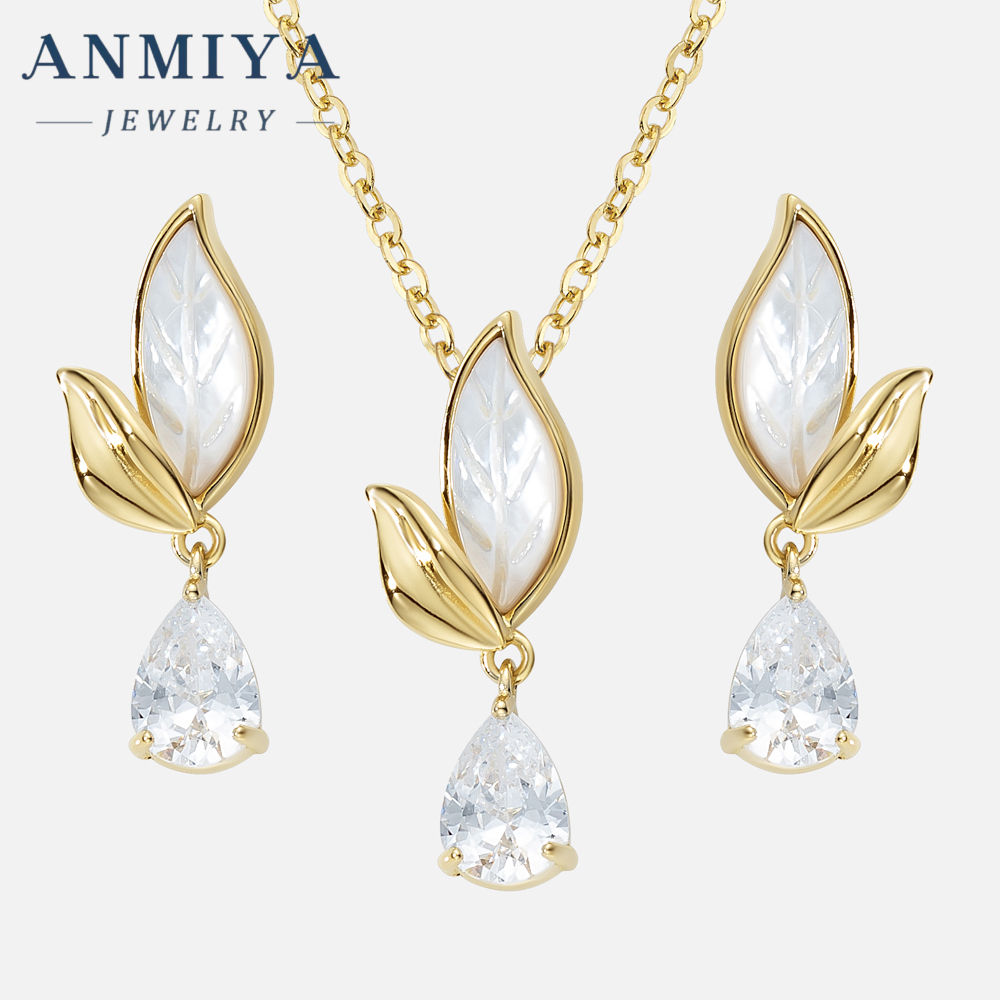 Long Leaf 18K Gold White Shell Drop Water Zircon 925 Silver Charm Pendant Necklace Earrings Set for Women