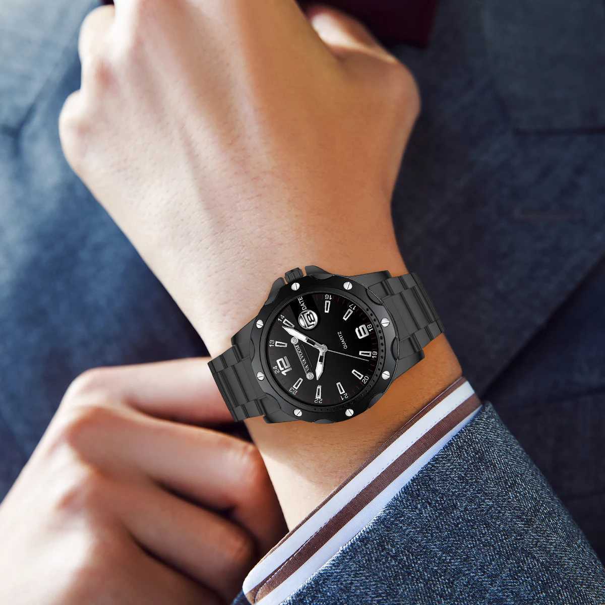 2024 New Mens Stainless Steel Watch Fashionable Black Large Dial Diver Series Calendar Business Style Leisure Quartz Gift Watch Y250605