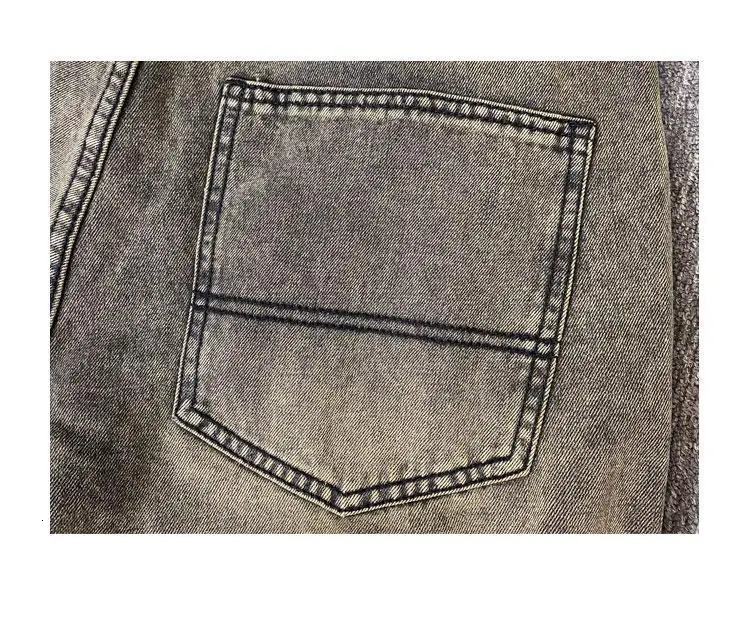 Mens Button Zipper Pocket Straight Loose Five-point Casual Wash Retro Yellow Mud Ripped Denim Shorts 250530