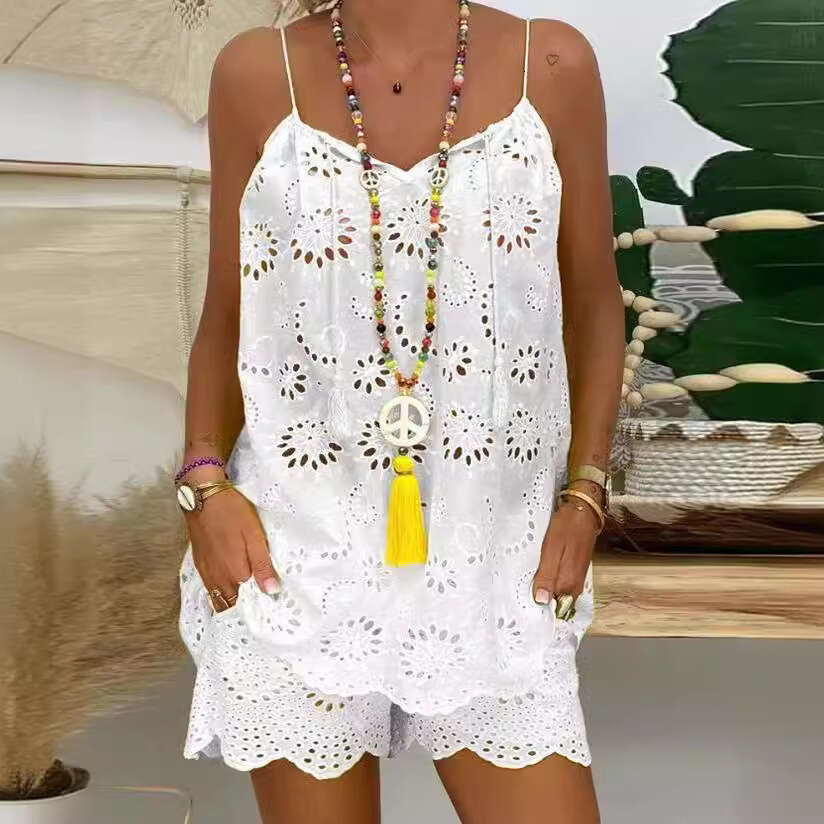 Sleeveless Drawstring Ruffle Hollow Out Camisole Vest Embroidered Shorts With Lining Cotton Set B5