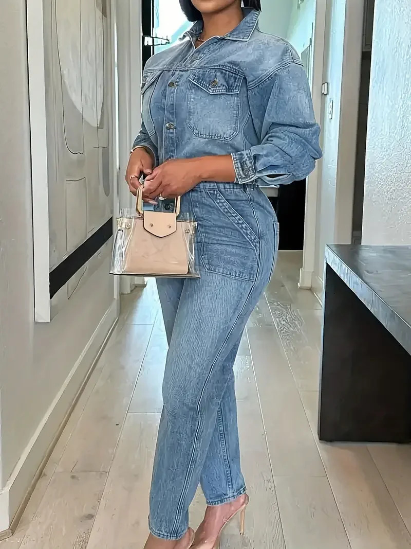 Womens Slim Fit Denim Jumpsuit - Long Sleeve Sexy Button Front with Pockets Casual Streetwear Outfit 250530