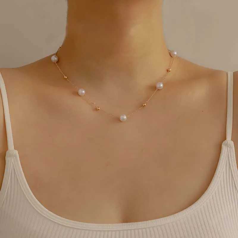 Simple Imitation Pearl Choker Necklaces for Women Girls Fashion Gold Color Metal Beaded Clavicle Chain Necklaces Jewelry Gifts Y250605