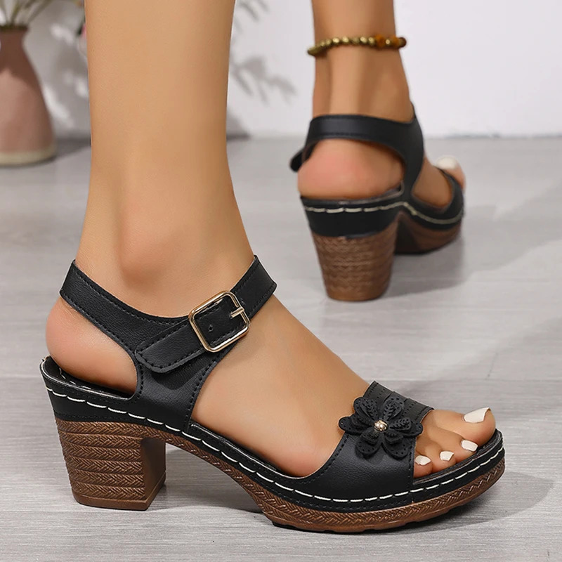 Vintage Flower Thick Heel Sandals for Women Lightweight Ankle Buckle Platform Sandles Woman Plus Size Summer Sandalias Mujer 250605