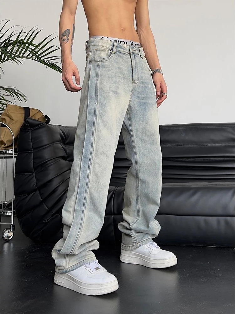 Jeans for Men Loose Light Blue Baggy Straight Man Cow Pants Punk Spliced Y2k Vintage Trousers Korean Autumn Trend Cotton 250605