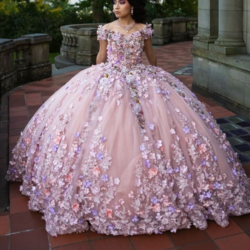 Pinnk Shiny Off The Shoulder Ball Gown Quinceanera Dresses Appliques Flower Beading Tull Sweet 16 Dress vestidos 15 de anos